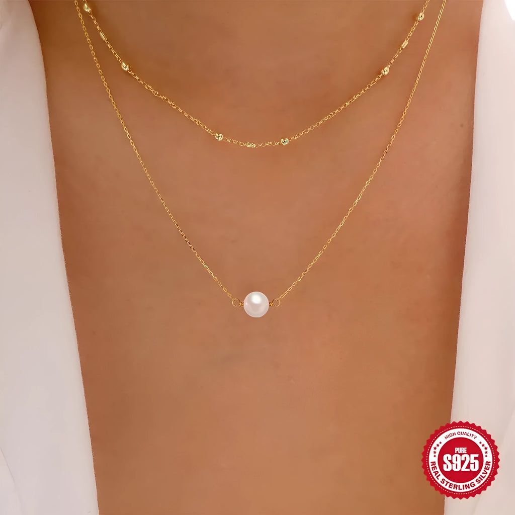 S925 sterling silver double layer twin pearl necklace with geometric pendant on ball bead chain