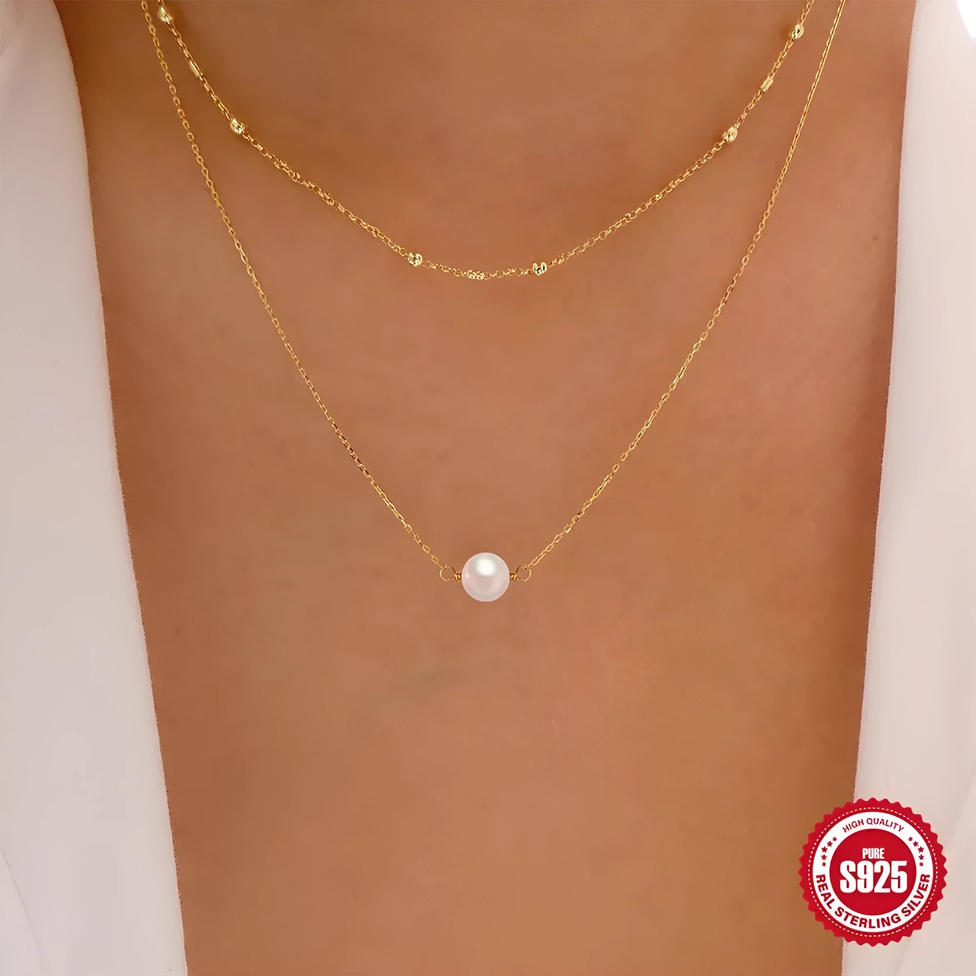 S925 sterling silver double layer twin pearl necklace with geometric pendant on ball bead chain