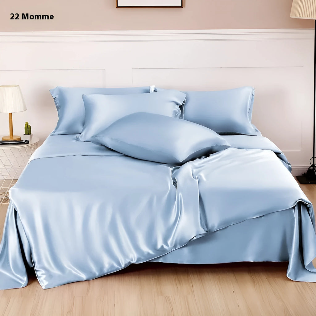 Solid colour double-sided silk duvet cover in bright brown, showing smooth texture and neat corner.