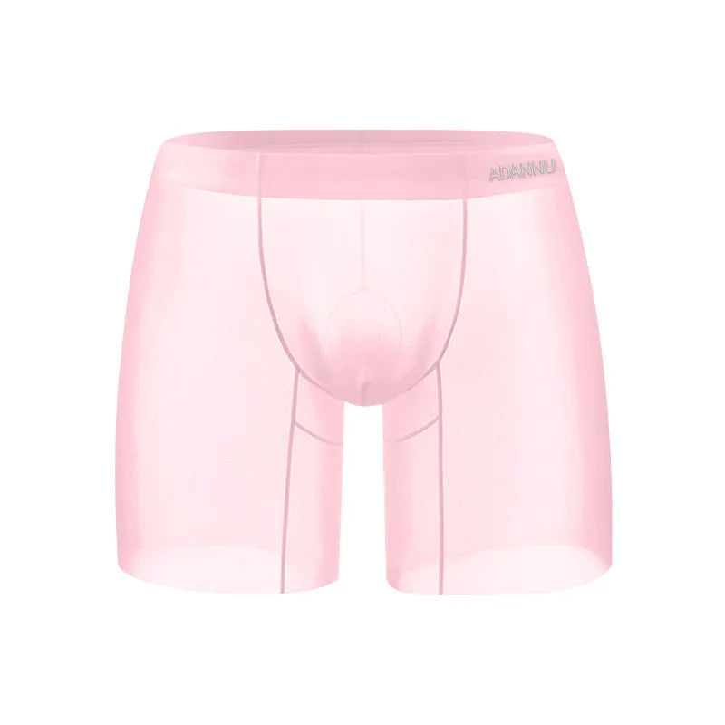 Men's solid colour ice silk boxer shorts on a white background, showing low waist design.