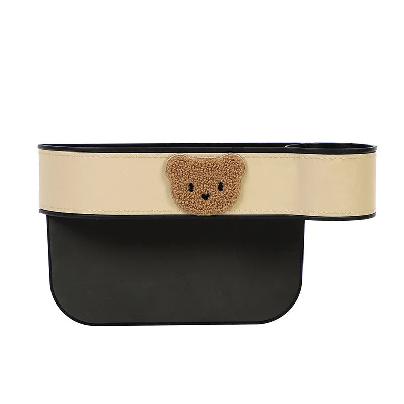 Leather car seat gap storage box with cartoon bear design for vehicle interior organisation