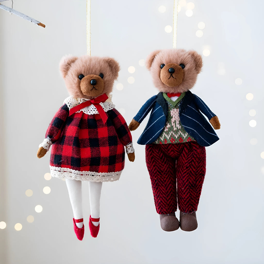 Gentleman and princess plush bear doll couple in matching cotton suit plaid fabric