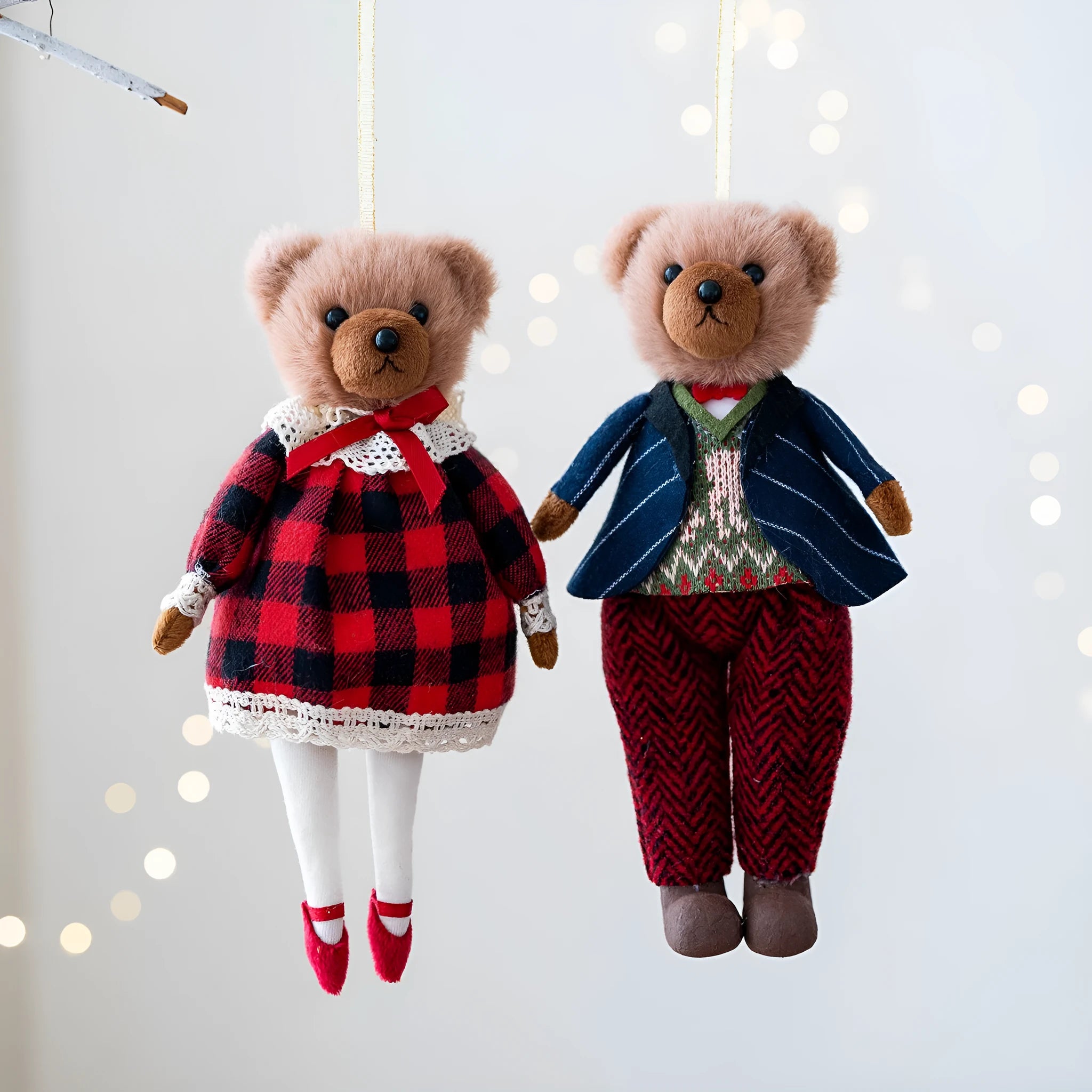 Gentleman and princess plush bear doll couple in matching cotton suit plaid fabric