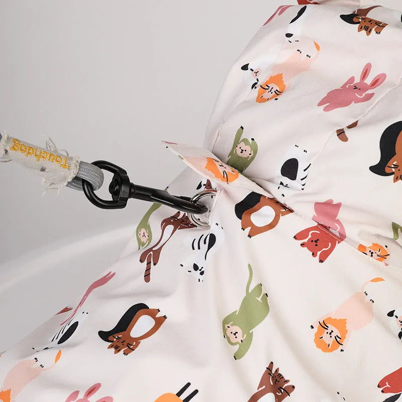 Beige cartoon pattern dog raincoat with double waterproof coating and PU material