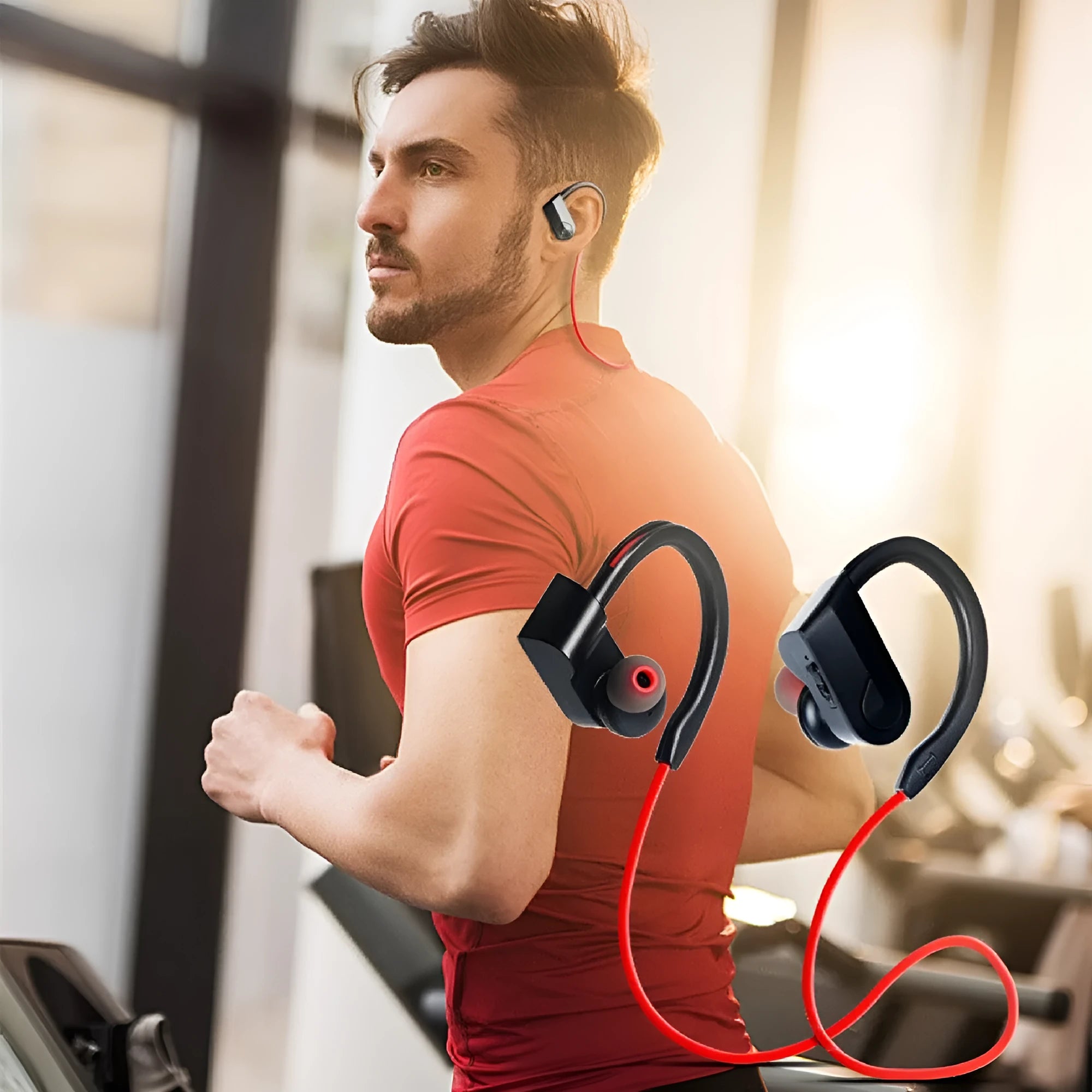 Wireless neckband Bluetooth earphones showing black colour variant with USB charging cable