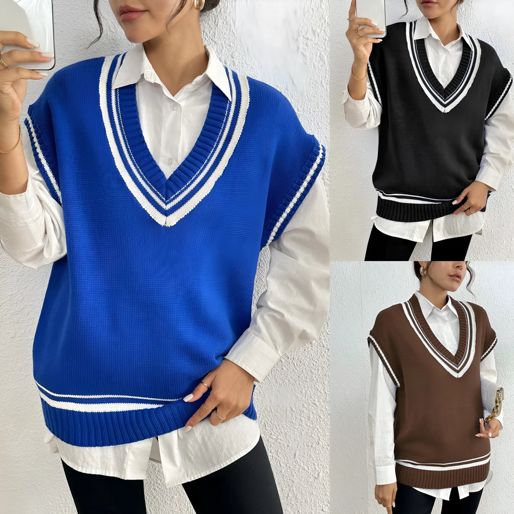 Women's casual acrylic vest sweater in loose fit with college-style design