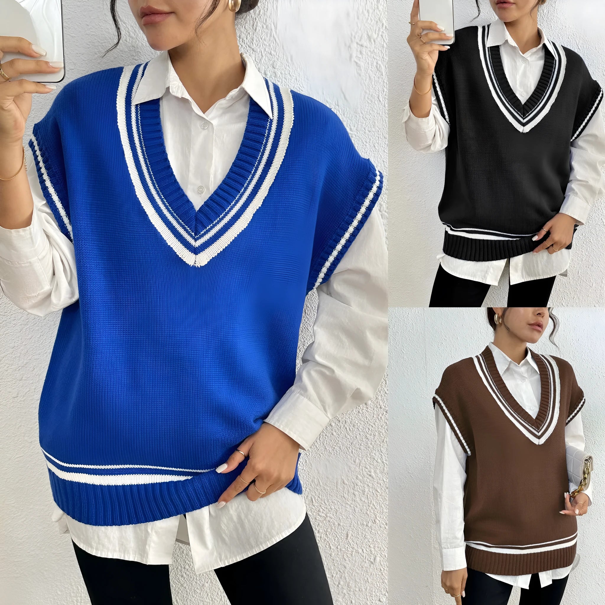 Women's casual acrylic vest sweater in loose fit with college-style design