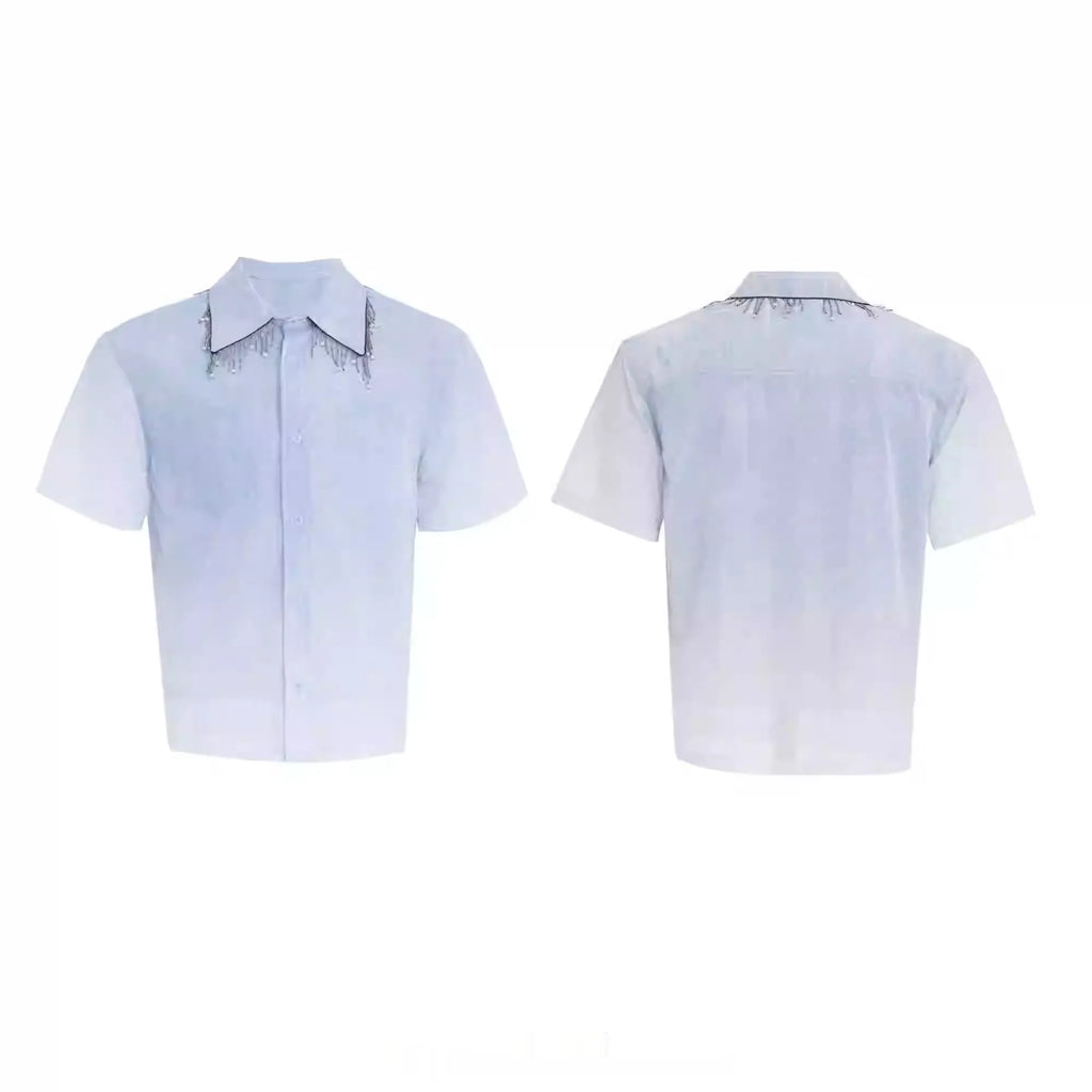 Blue and white gradient short-sleeve loose fit casual shirt for summer.