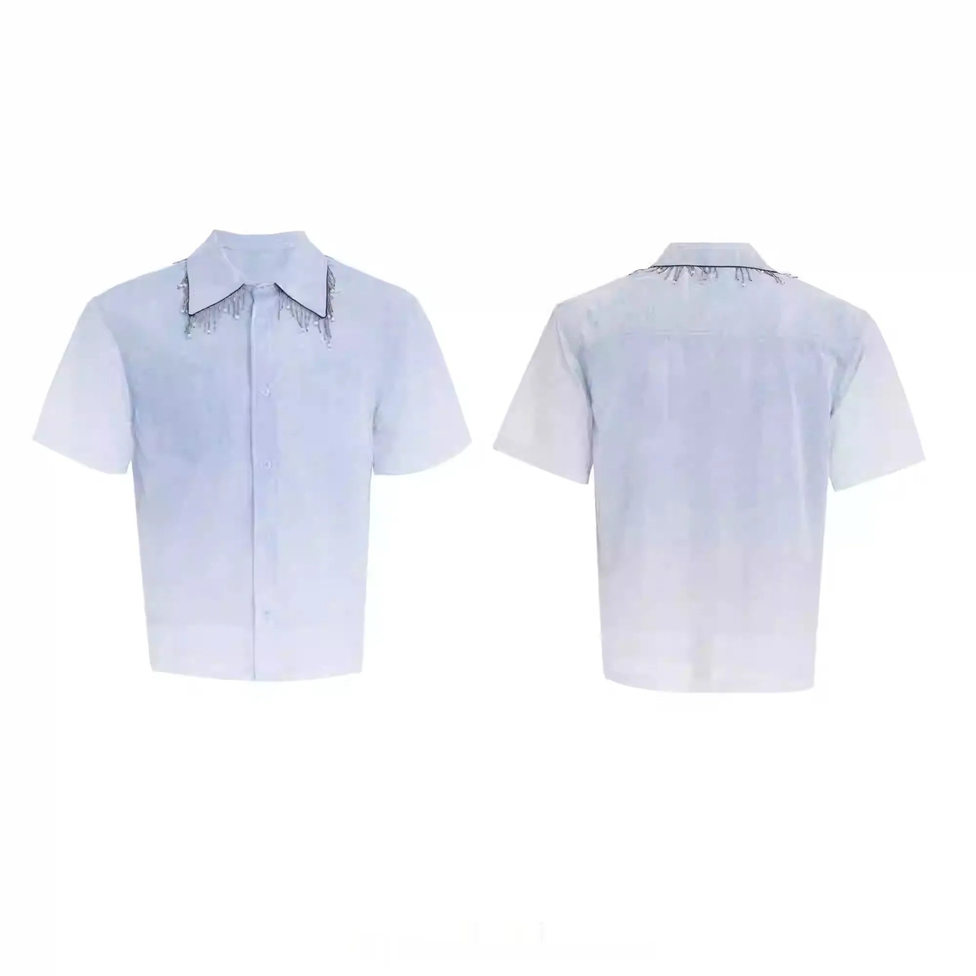 Blue and white gradient short-sleeve loose fit casual shirt for summer.