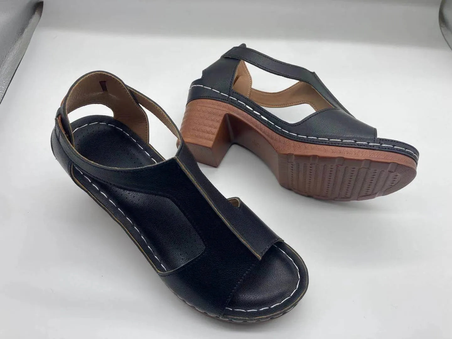 Women's open toe wedge sandals with Roman buckle strap in synthetic PU material