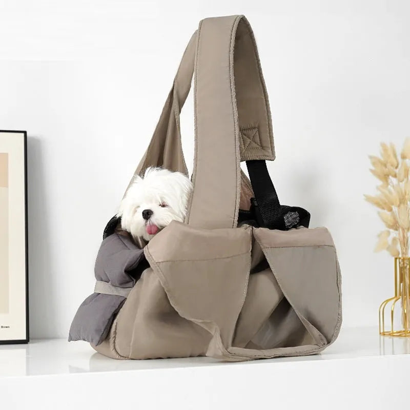 Apricot cloth pet handbag carrier with dimensions 41x16x28cm for small animal transport