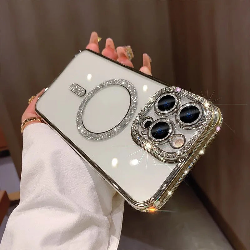 Magnetic wireless charging silicone phone case for iPhone in various metallic colours.
