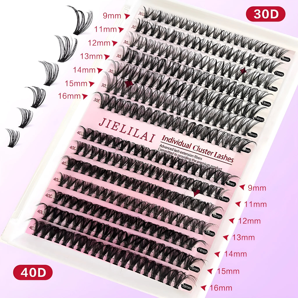 Mixed package of DIY cluster false eyelashes showing 30D and 40D densities with tweezers