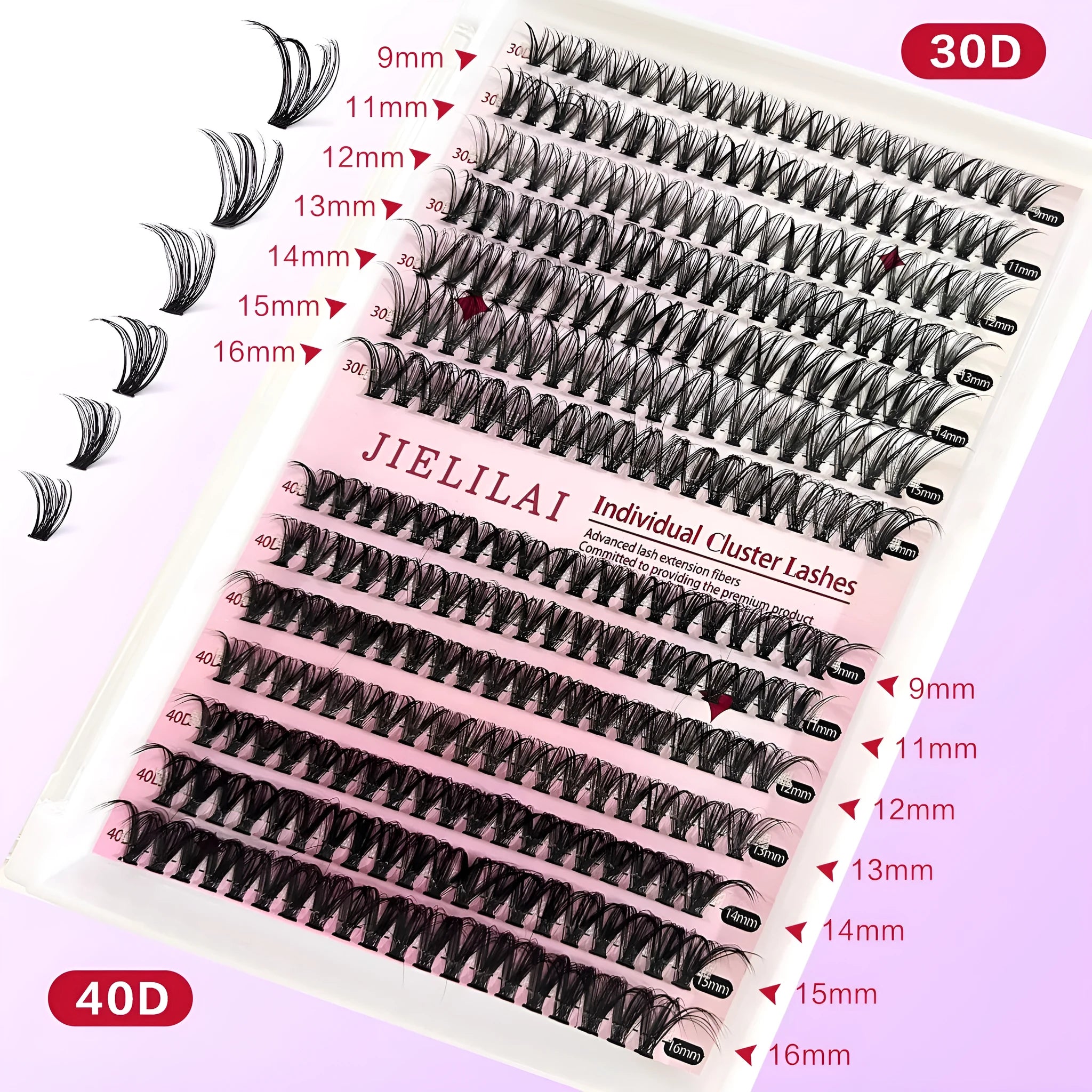 Mixed package of DIY cluster false eyelashes showing 30D and 40D densities with tweezers