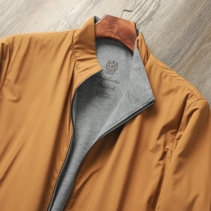 Men's stand collar business casual jacket in polyester cotton blend fabric showing regular fit and standard sleeves