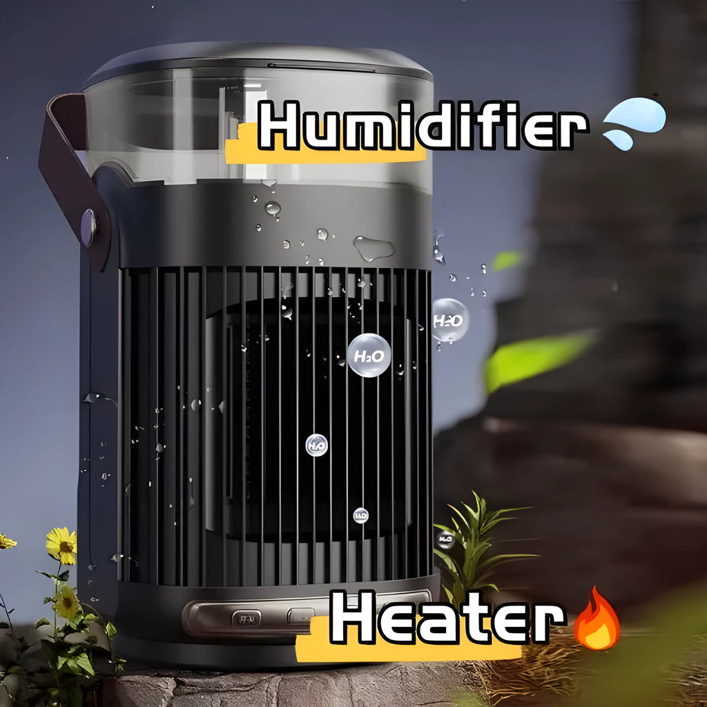 Black portable PTC heater with humidifier, 24cm tall with oscillating head and front-panel controls