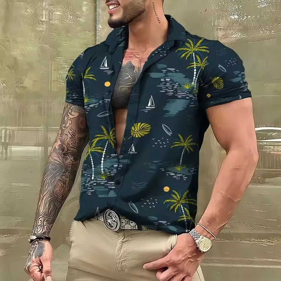 Men's floral printed short sleeve beach shirt in loose cardigan style