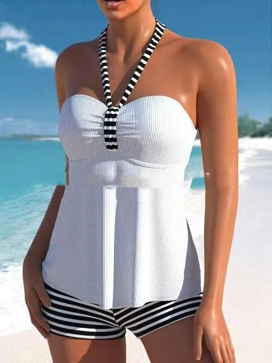 Women's off-shoulder swimsuit in black and white stripes with briefs style