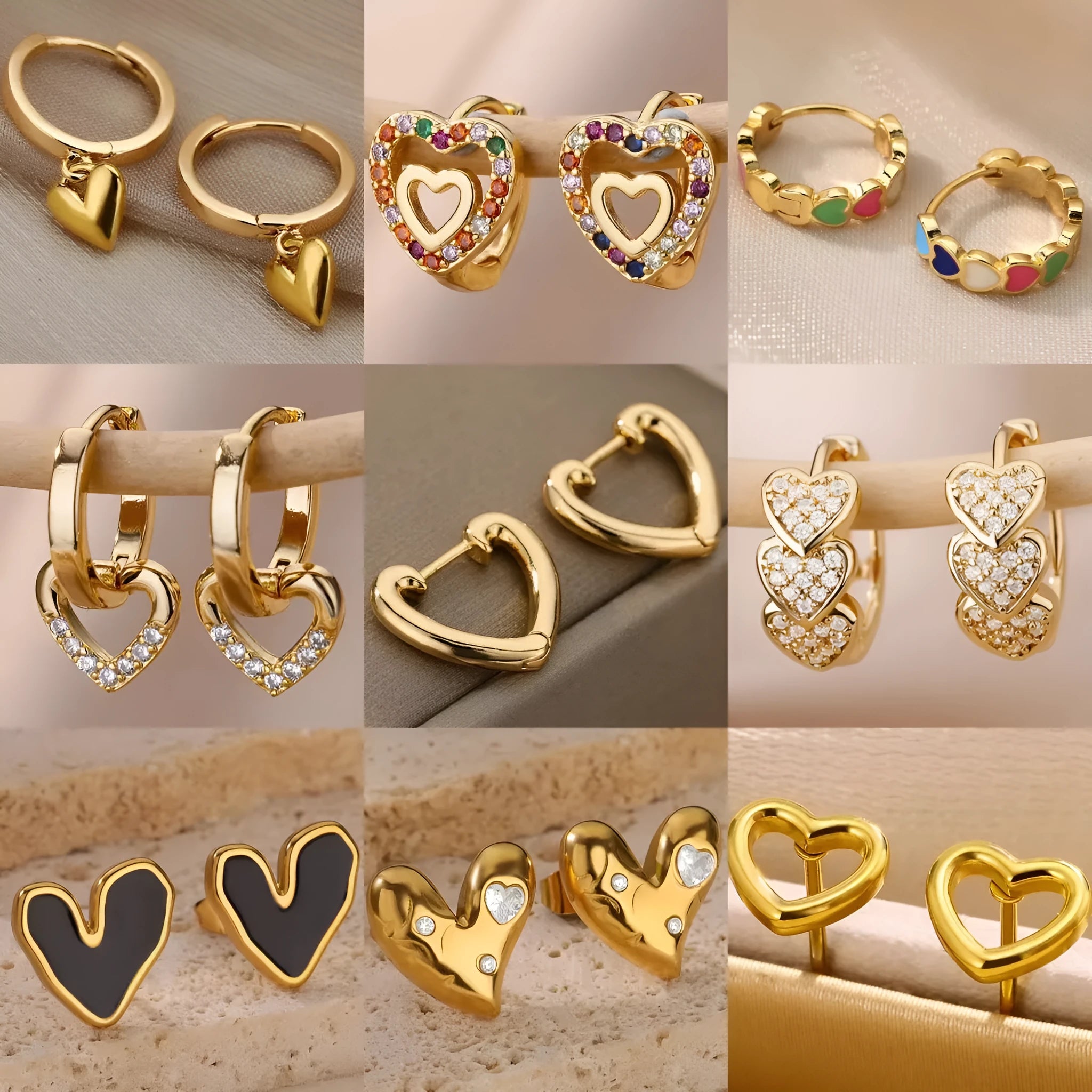 Simple zircon heart-shaped ear studs with titanium steel construction and 18K gold-plated ear clips