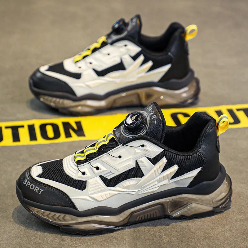 Men's black rotating button dad shoes with mesh upper and rubber platform sole