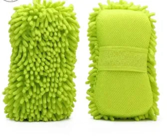 Silver green car wash sponge block measuring 14cm by 25cm with microfiber chenille construction