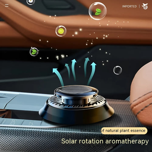 Black plastic solar-powered car aromatherapy decoration and de-icing device, dimensions 84x84x33mm.