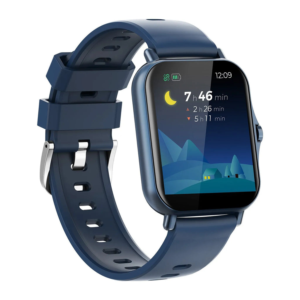 W10 model smart watch in blue with a curved touch screen displaying heart rate, worn on a wrist.