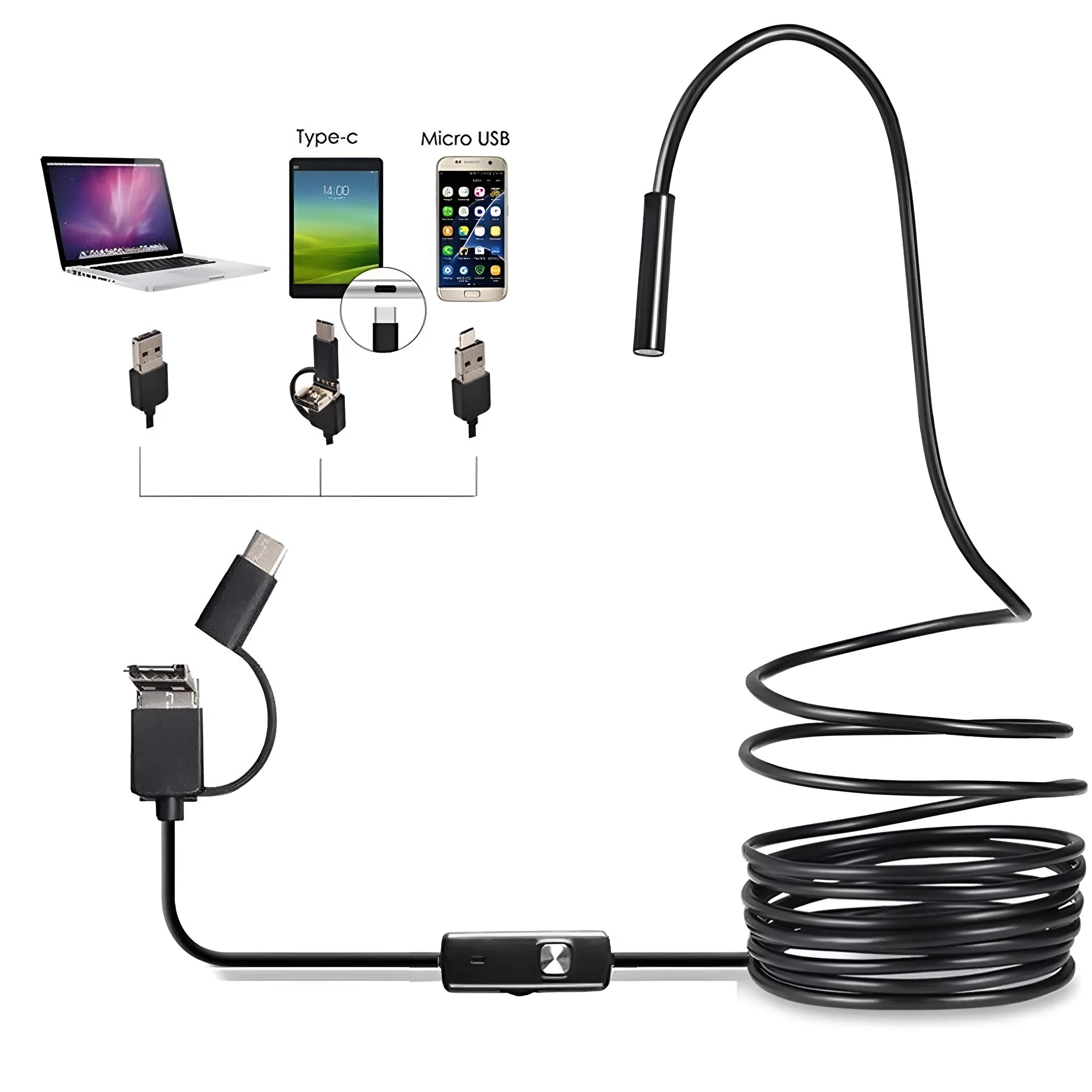 Android mobile phone connected to a USB endoscope with flexible cable, hook, magnet and side mirror attachments for inspection work.