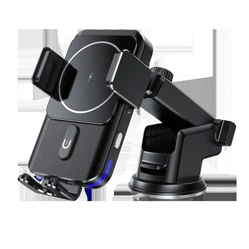 Black car wireless charger mobile phone holder showing both suction cup and clip mounting options for 15W charging