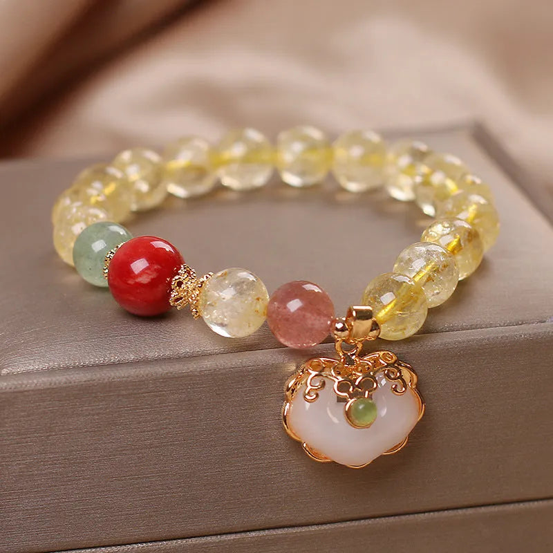 Women's natural citrine jade Ruyi pendant bracelet with yellow hair crystal jade accent on alloy chain