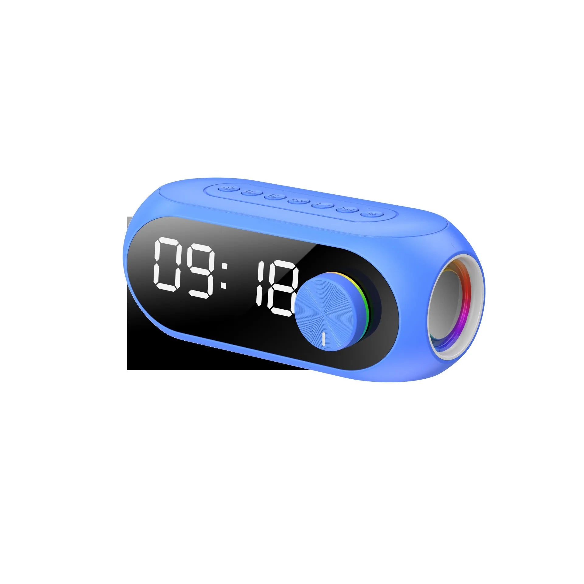 Mini portable Bluetooth speaker with clock display in black, white or blue colours showing extra bass and USB power