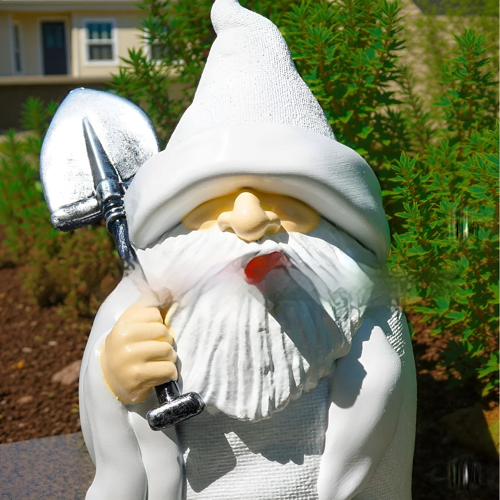 Christmas smoking shovel dwarf garden ornament in resin and plastic craft design