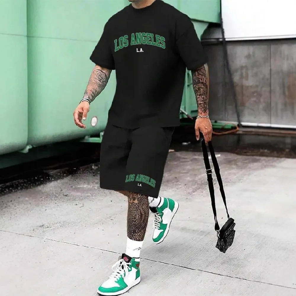 Men's 3D printed letter graphic sportswear set with short sleeve top and matching shorts