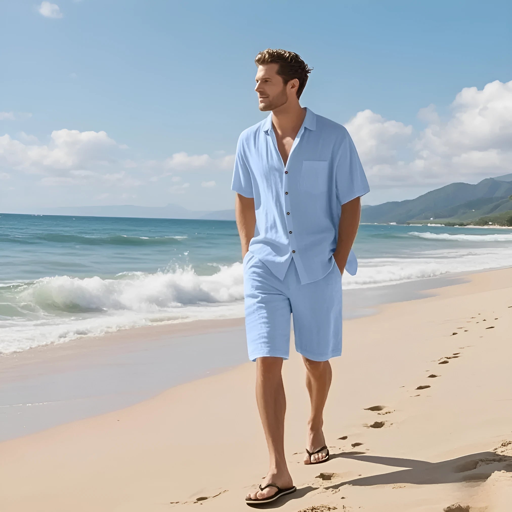 Men's light blue linen blend short sleeve shirt and matching shorts laid flat.