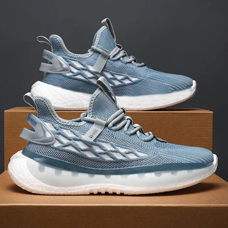 Men's white fly woven mesh platform sneaker with lace-up front and flat rubber sole