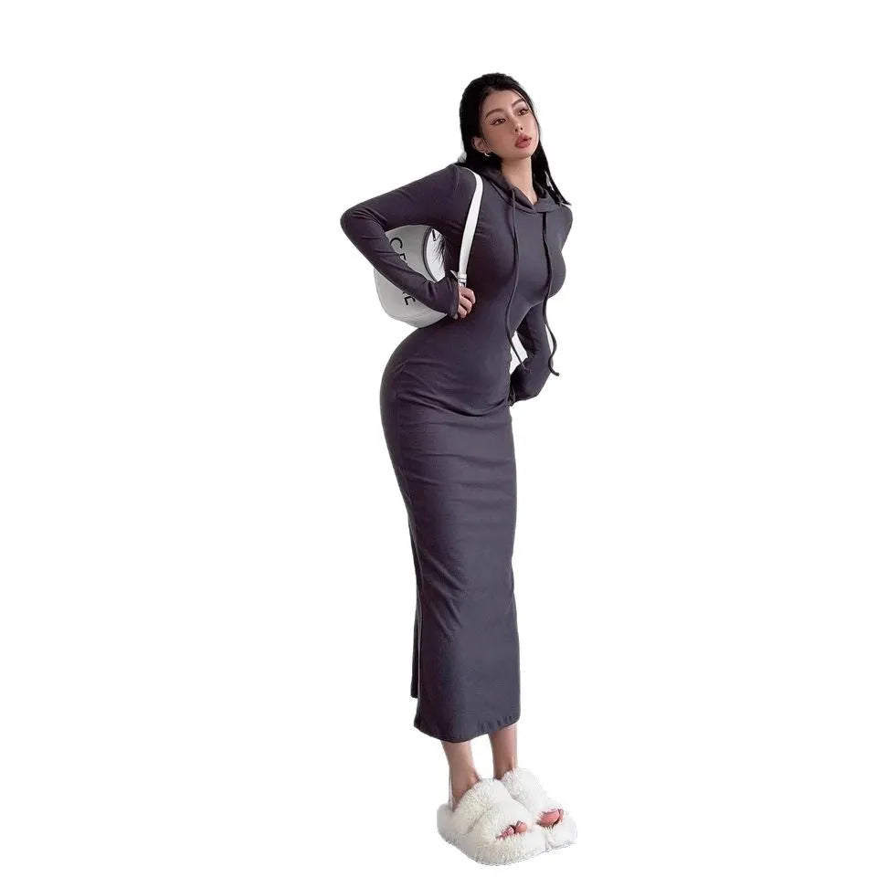 Women's grey hooded long sleeve sheath dress with high waist on a mannequin.