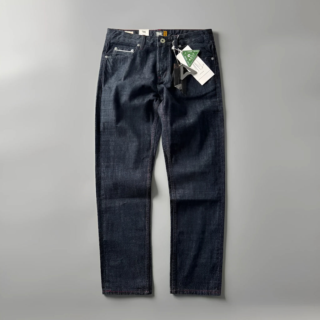 Men's blue straight leg denim jeans with American retro styling and mid waist design