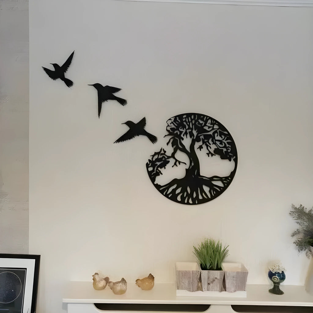 Black iron decorative wall hanging wind chime with modern simple design for garden or indoor decoration.