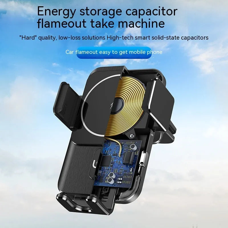 Black car wireless charger mobile phone holder showing both suction cup and clip mounting options for 15W charging