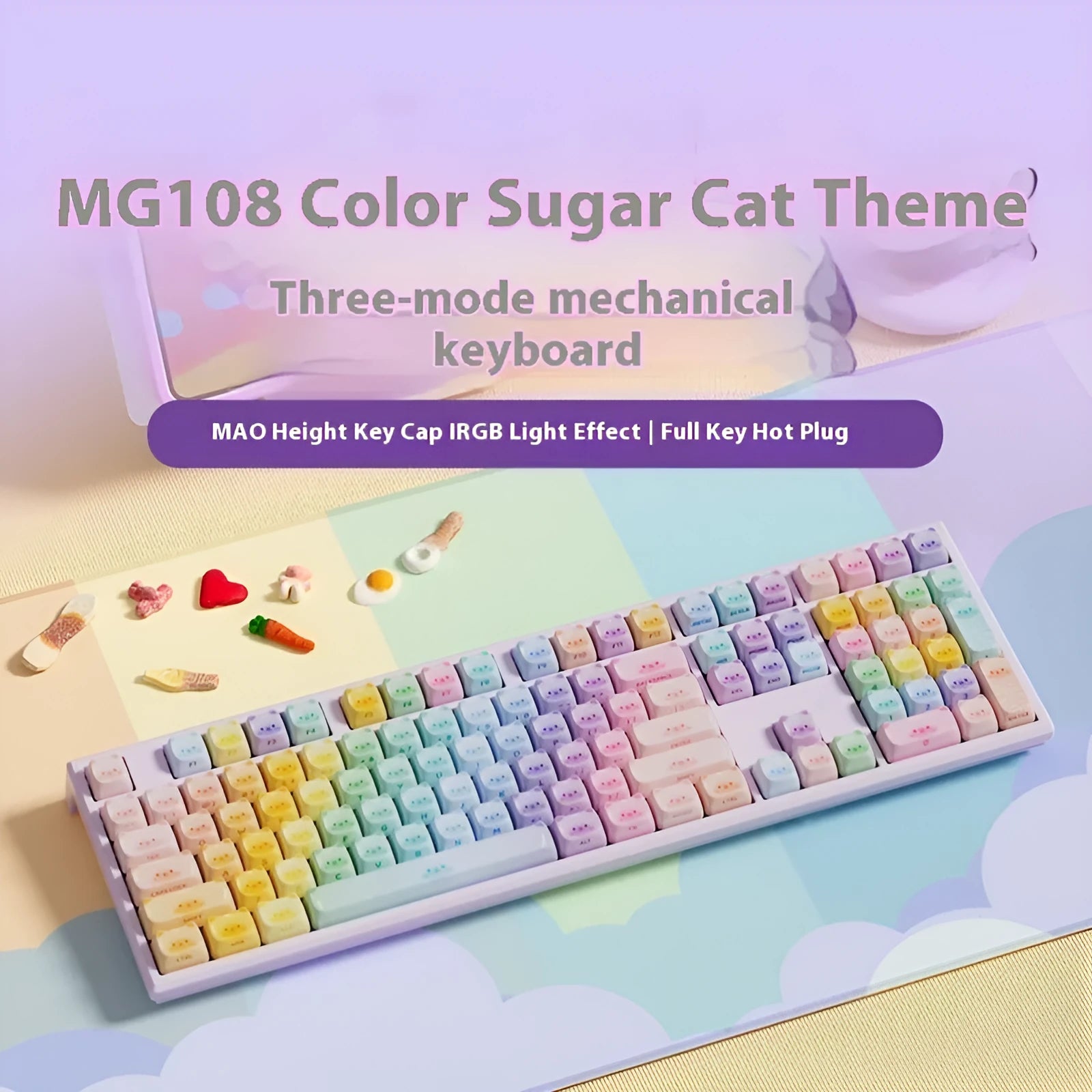 Colored Sugar Cat mechanical keyboard with Bluetooth and Candy Cat colour design