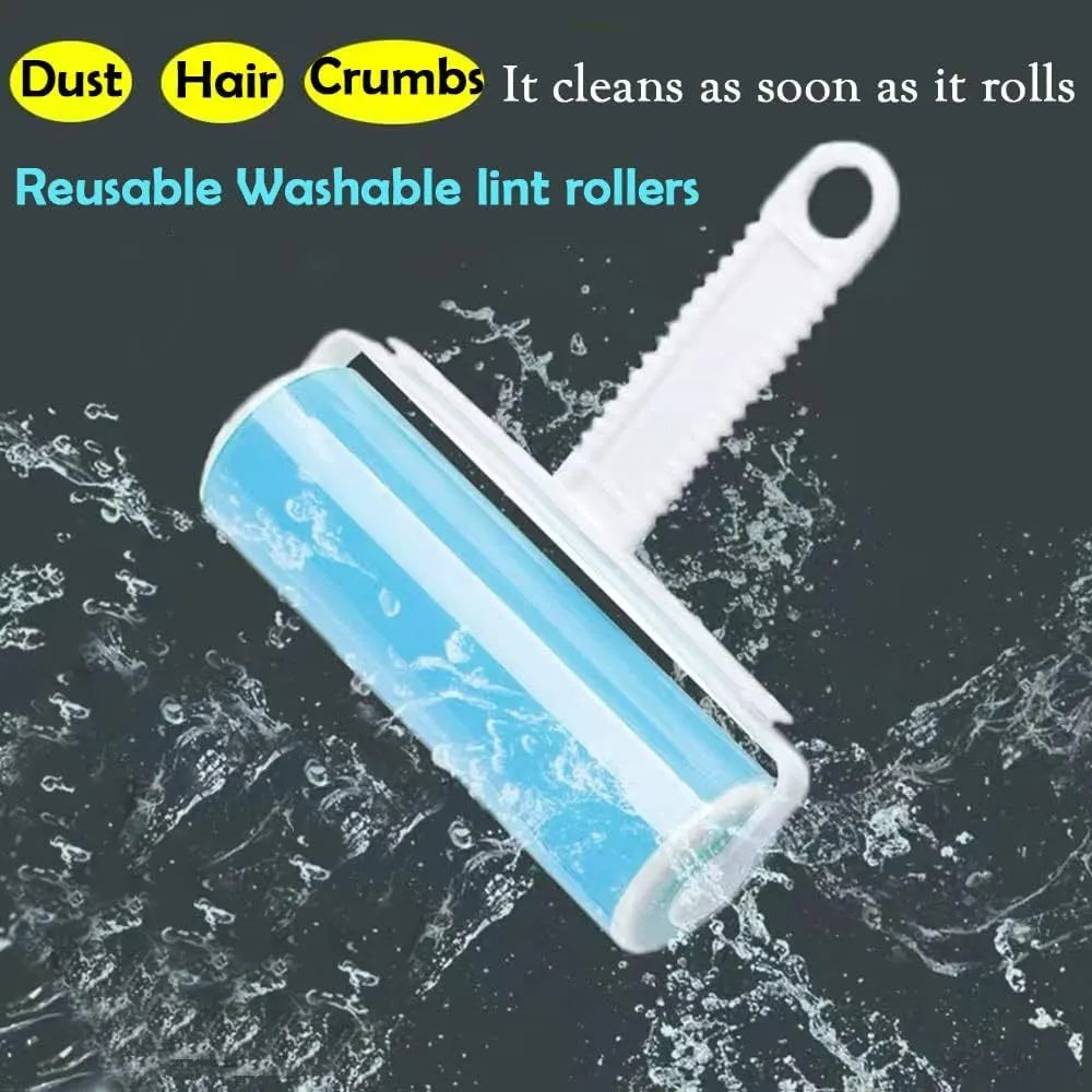 Blue washable reusable lint roller with cover for pet hair removal on fabric.