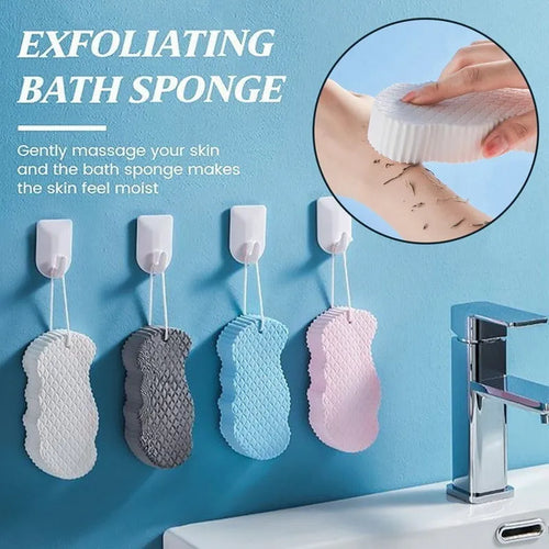 3D fish scale pattern bath sponge in white, grey, pink, or light blue colours for gentle body exfoliation