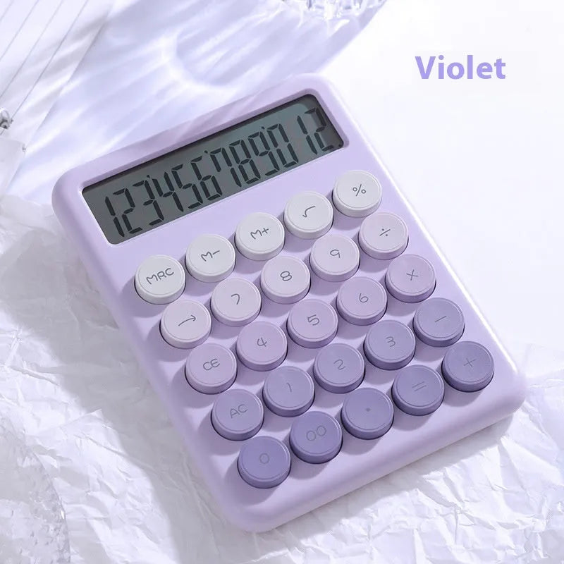 Desk calculator with gradient colour finish and 12-digit solar-powered display.