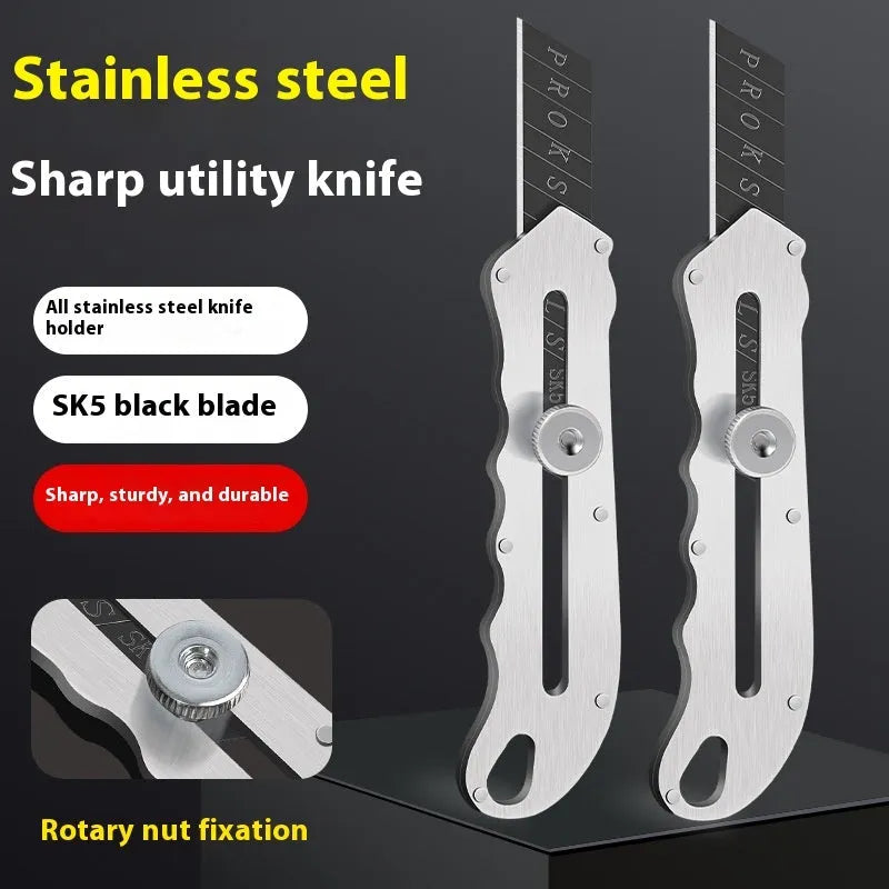 Stainless steel folding utility art knife with black blade and included long and trapezoidal blades