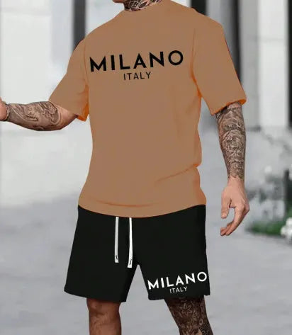 European style round neck short sleeve polyester suit set with matching shorts in multiple colours
