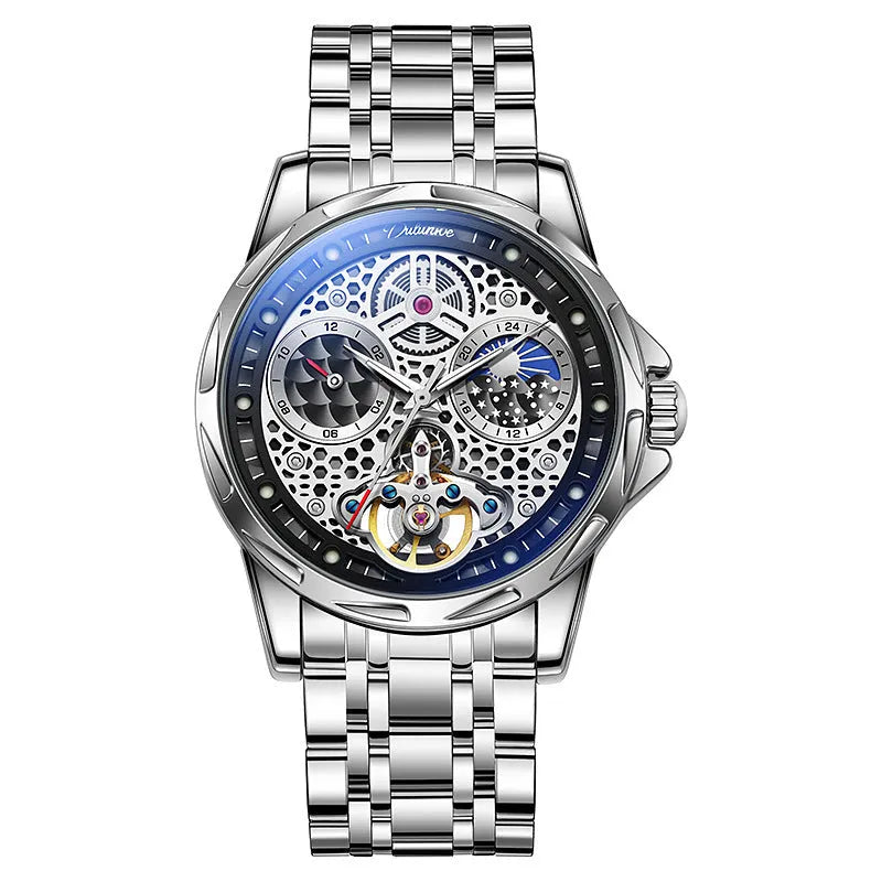 Men's automatic business watch with luminous dial and choice of steel or leather strap in black or white