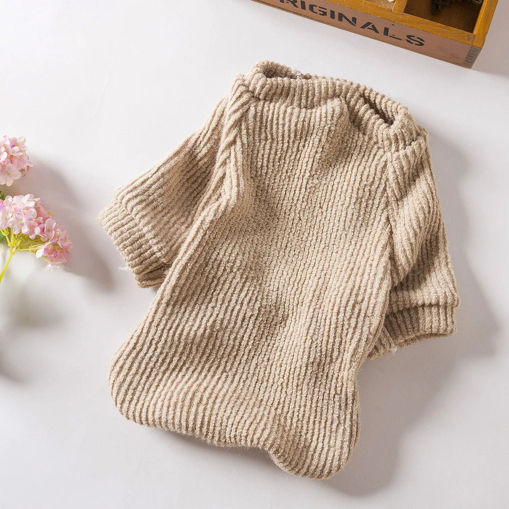 Brown cloth dog sweater pullover on a small dog, showing casual style.