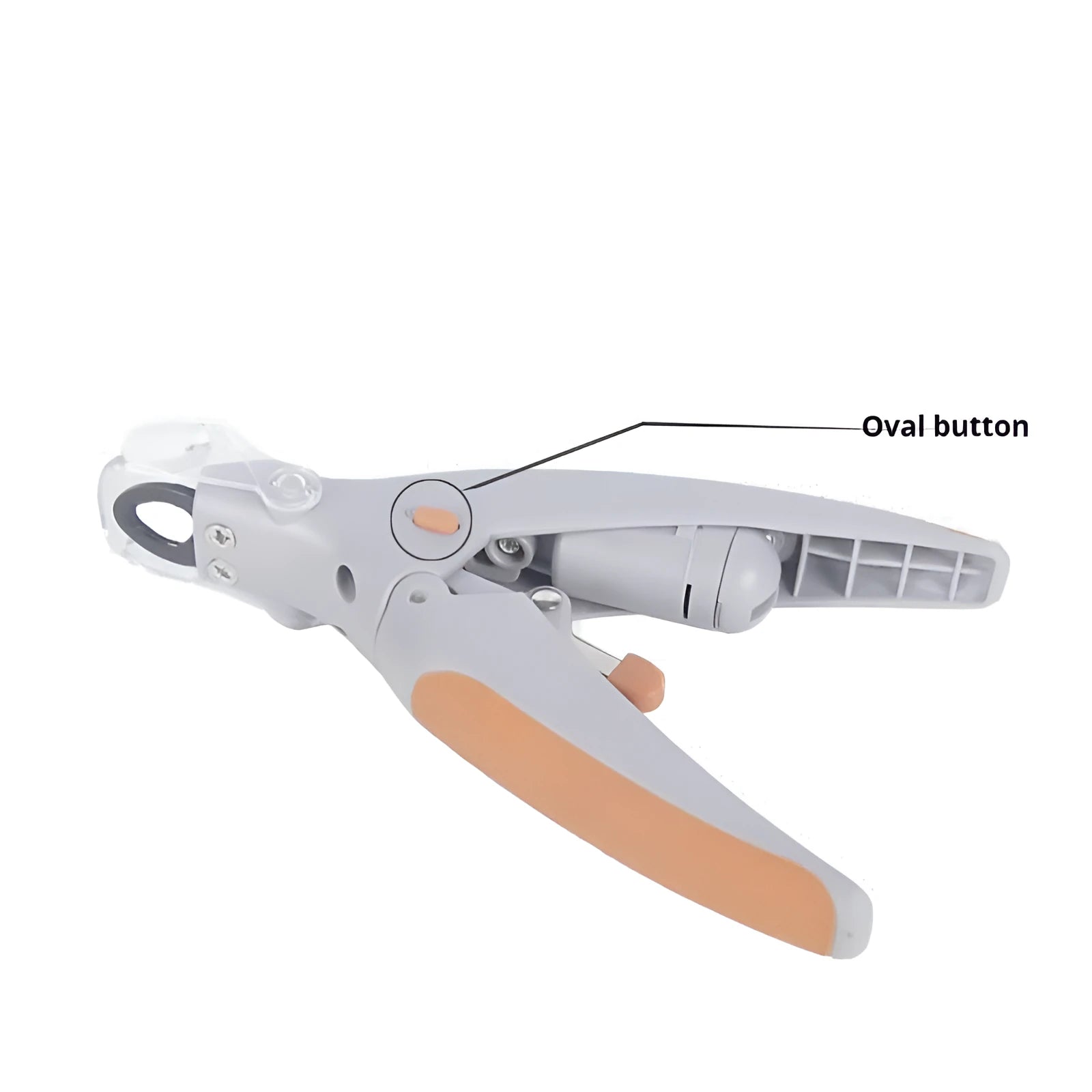 Dog nail clipper with illuminated LED light and visible blood line guide on the cutting head.