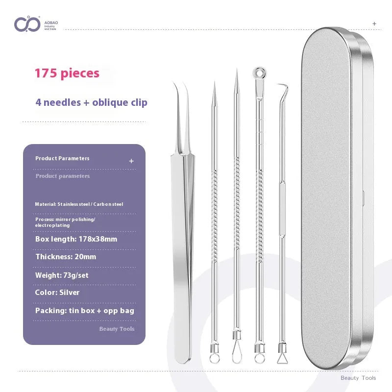 Four silver metal acne needles with pointed tips laid out on a flat surface.
