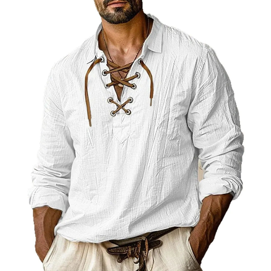 Men's plus size solid colour linen blend shirt with lapels and long sleeves in a loose fit.
